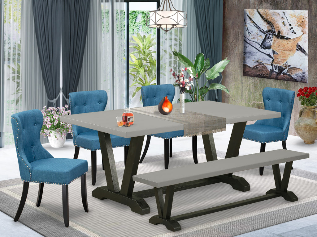 V697SBUZ6-G 6-Piece Set Wooden Dining Table with V-Legs & Comfortable Seating in Blue