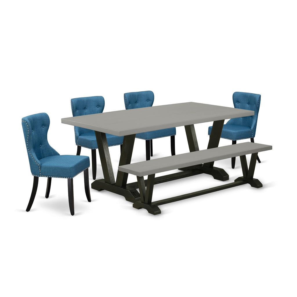 V697SBUZ6-G 6-Piece Set Wooden Dining Table with V-Legs & Comfortable Seating in Blue