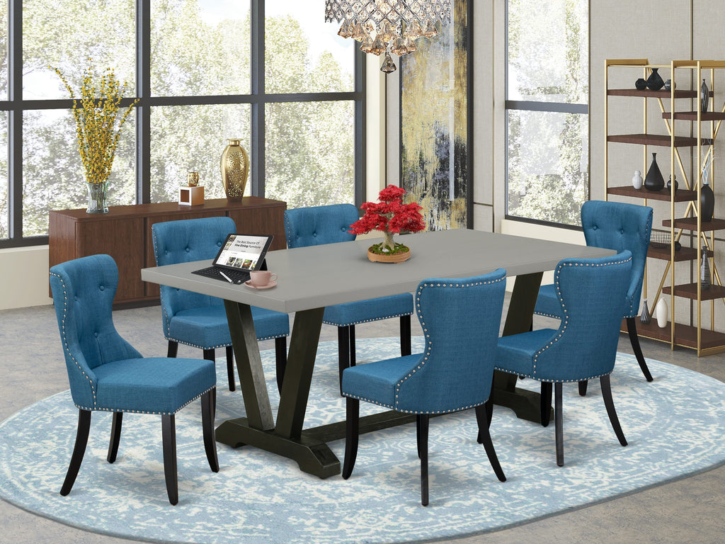 V697S8YXV-E 7 Piece Dining Set with Modern Rectangle Table, V-Legs & Blue Parson Chairs, 40x72 Inch