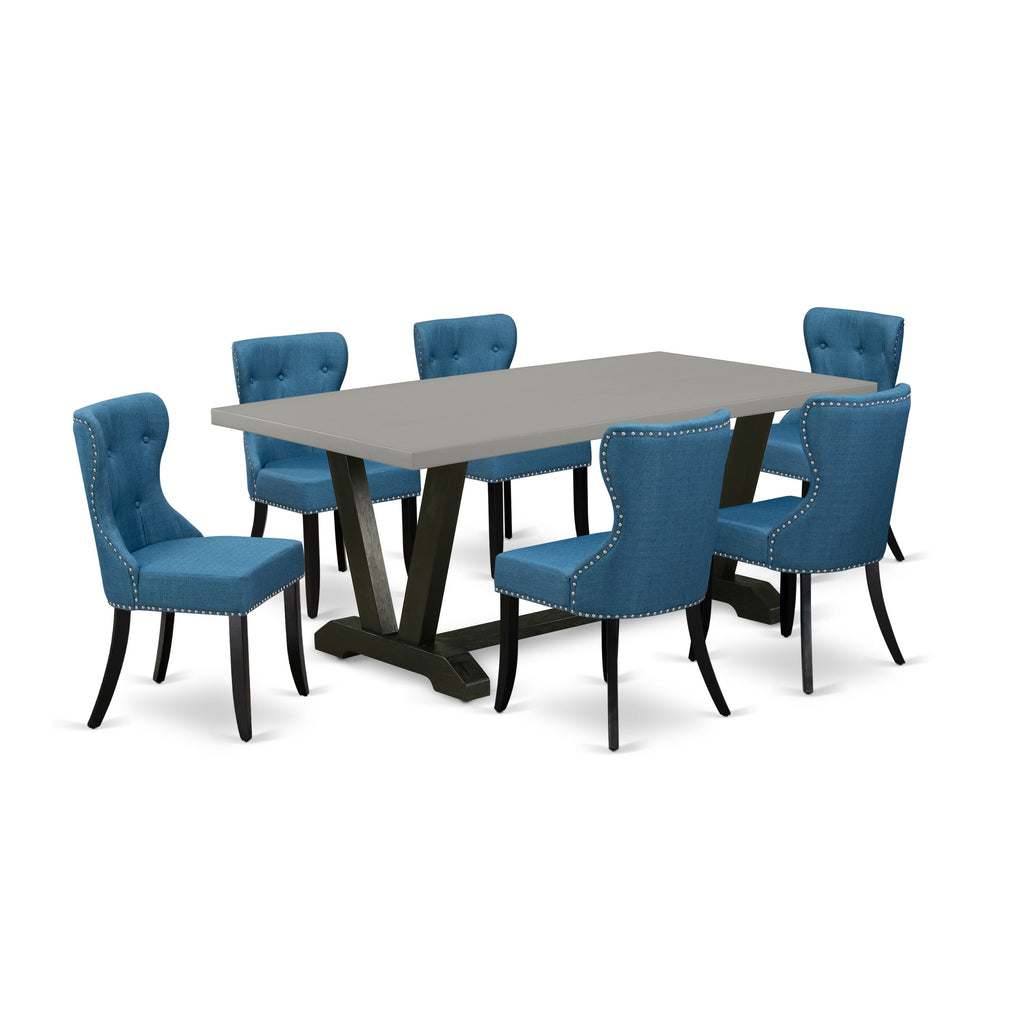 V697S8YXV-E 7 Piece Dining Set with Modern Rectangle Table, V-Legs & Blue Parson Chairs, 40x72 Inch