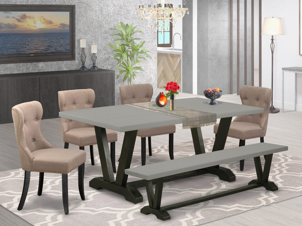 V697SKUIZ-H Elegant 6-Piece Dining Ensemble with V-Leg Table, Four Upholstered Chairs, and Bench, Multi-Color