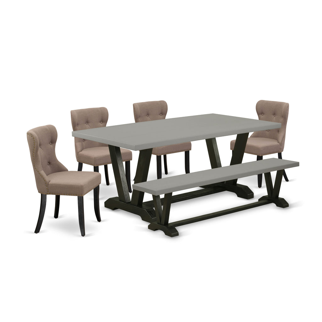 V697SKUIZ-H Elegant 6-Piece Dining Ensemble with V-Leg Table, Four Upholstered Chairs, and Bench, Multi-Color