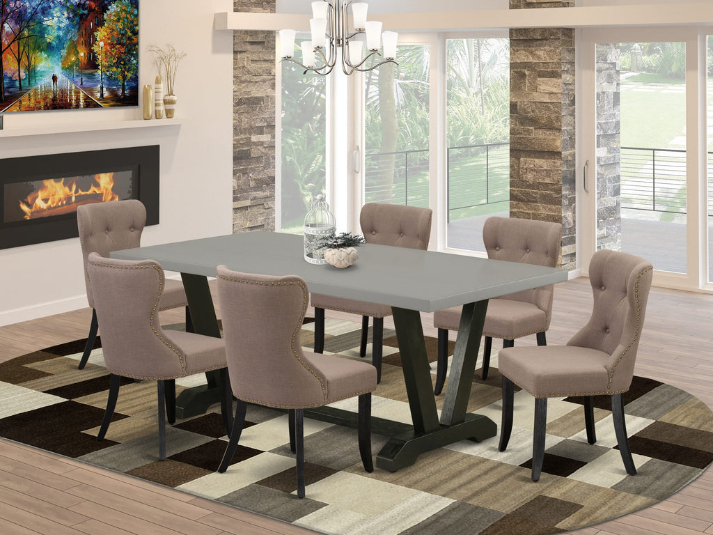 V697S1CEK-1 7-Piece Dining Set Featuring V-Leg Table and Six Cozy Coffee Linen Chairs, 40x72