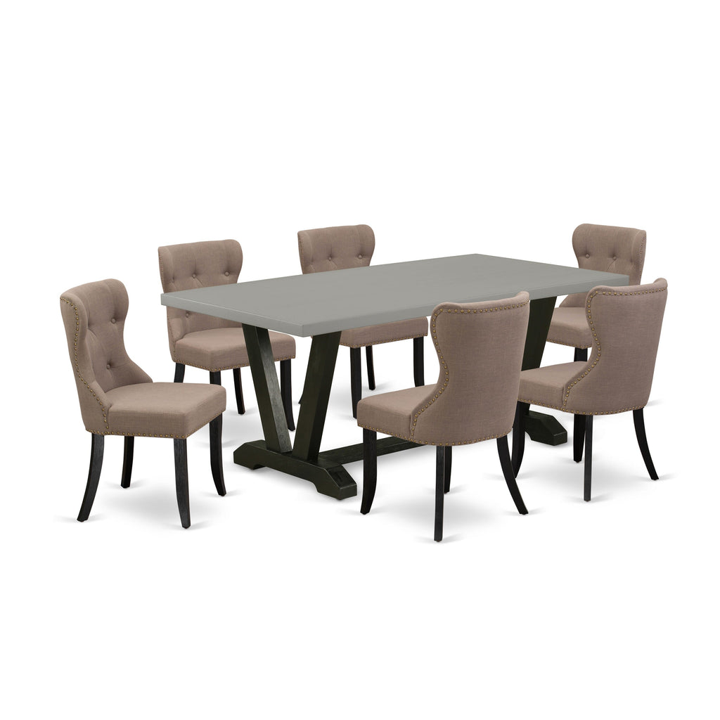V697S1CEK-1 7-Piece Dining Set Featuring V-Leg Table and Six Cozy Coffee Linen Chairs, 40x72
