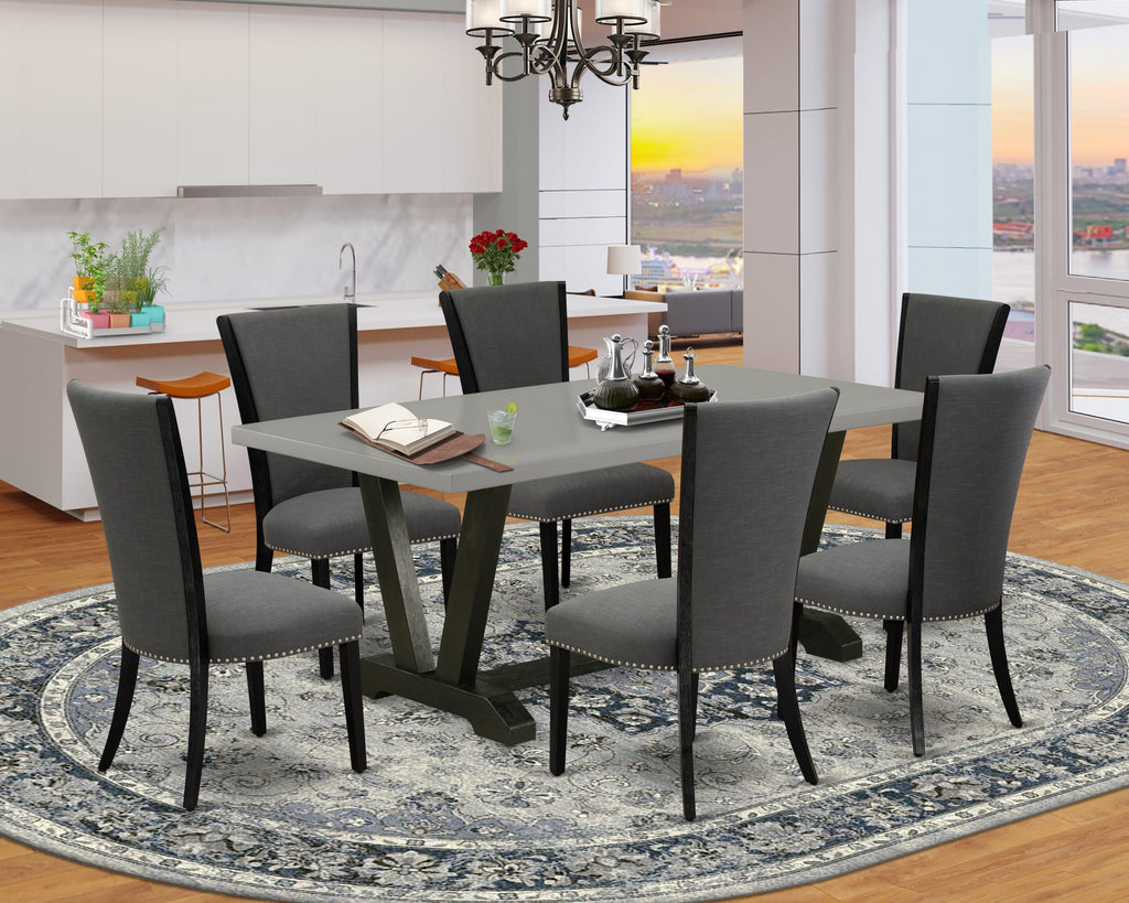 V697VNQ6J-O Dining Ensemble Rectangular Table 40x72 and Six Stylish Chairs in Black and Cement Finish