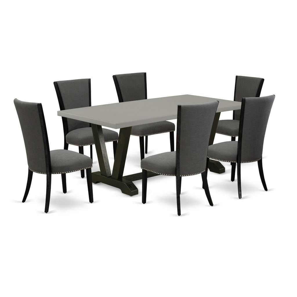 V697VNQ6J-O Dining Ensemble Rectangular Table 40x72 and Six Stylish Chairs in Black and Cement Finish