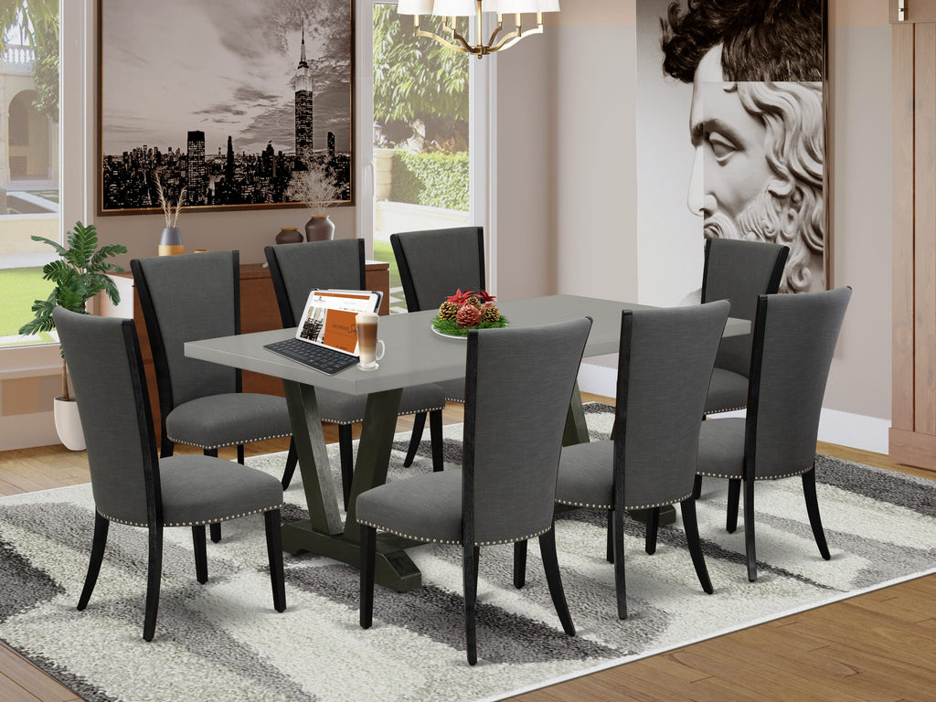 Dining Set V697V70FC-Q 9-Piece Rectangular Table & 8 Upholstered Chairs with V-Legs