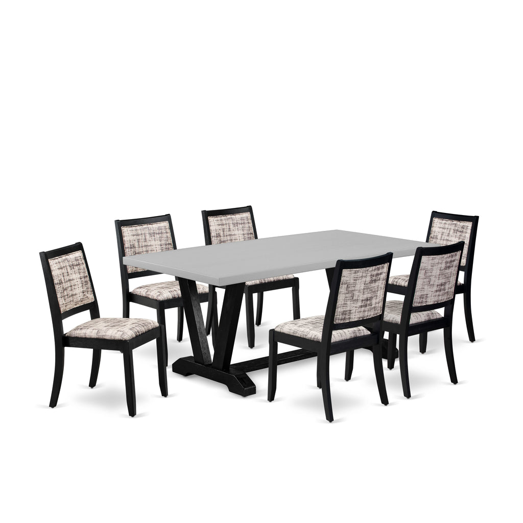 V697XSWI7-B 7-Piece Cement-Top Dining Ensemble with Stackable Seats in White & Gray Patterned Faux Leather
