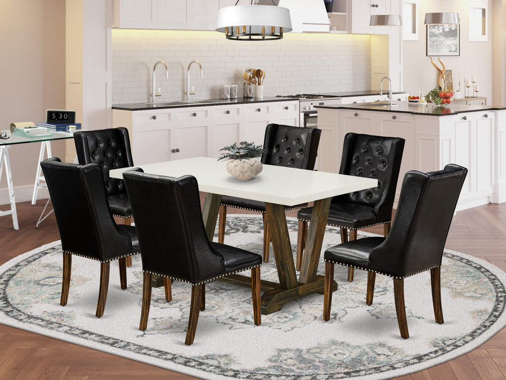 V726FBT3D-B 7 Pc Dining Set with Rectangular Table Featuring V-Legs & 6 Soft Faux Leather Chairs