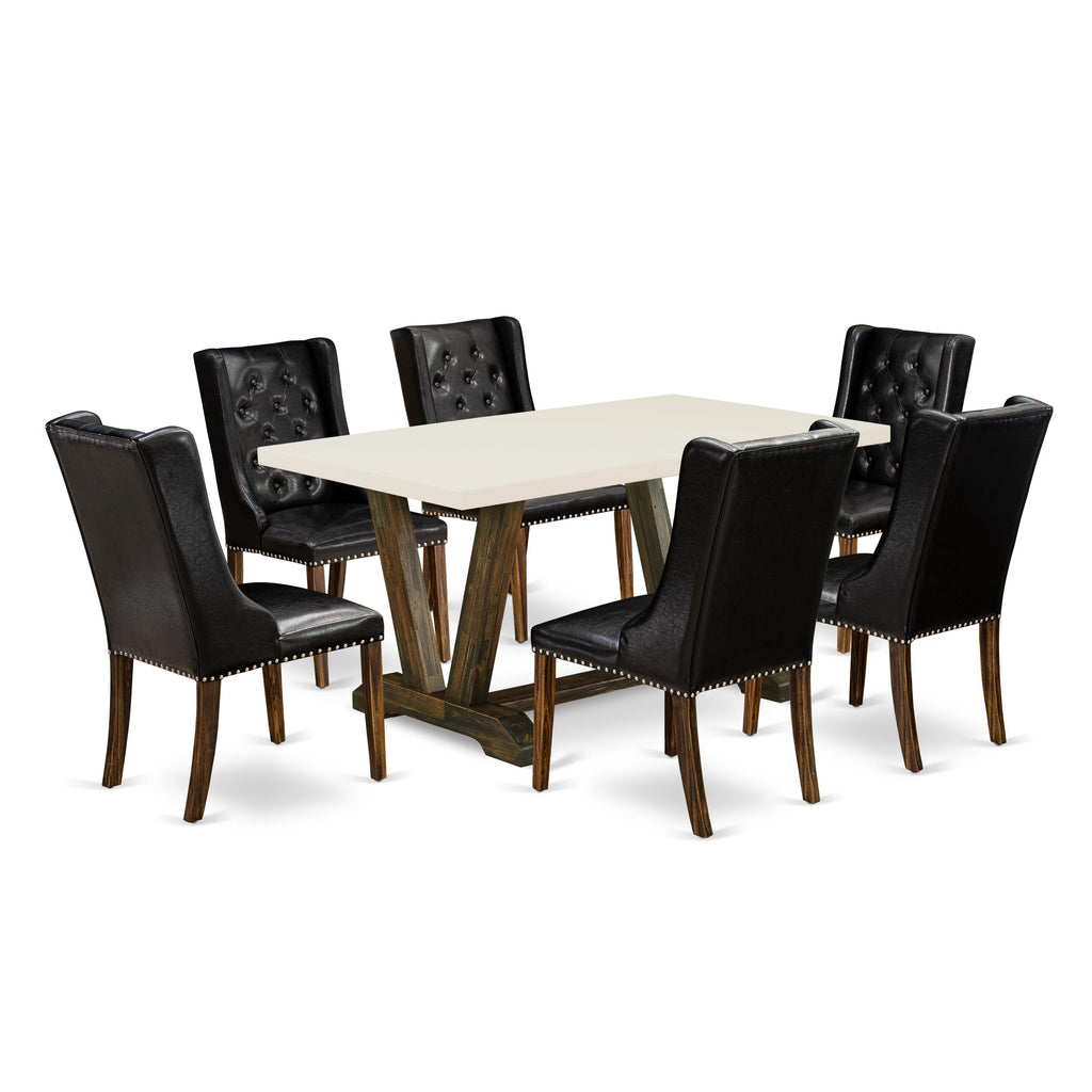 V726FBT3D-B 7 Pc Dining Set with Rectangular Table Featuring V-Legs & 6 Soft Faux Leather Chairs