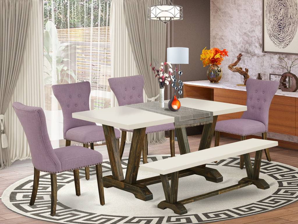 V726GYMR0-H 6-Piece Dining Ensemble V-Leg Rectangle Table with 4 Linen Parson Chairs & Bench, 36x60 Multi-Tone