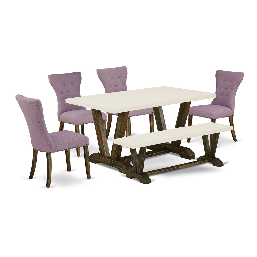 V726GYMR0-H 6-Piece Dining Ensemble V-Leg Rectangle Table with 4 Linen Parson Chairs & Bench, 36x60 Multi-Tone