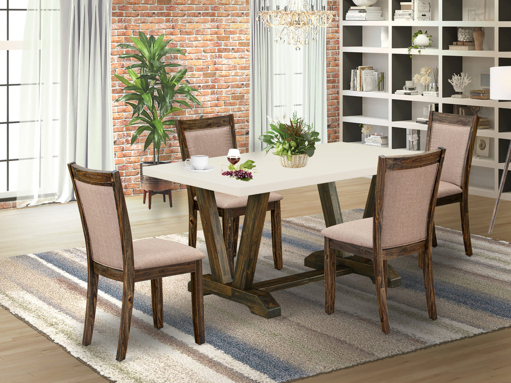 V726MY99X-1 5-Piece Dining Ensemble Chic V-Leg Table with 4 Dark Khaki Fabric Parson Chairs