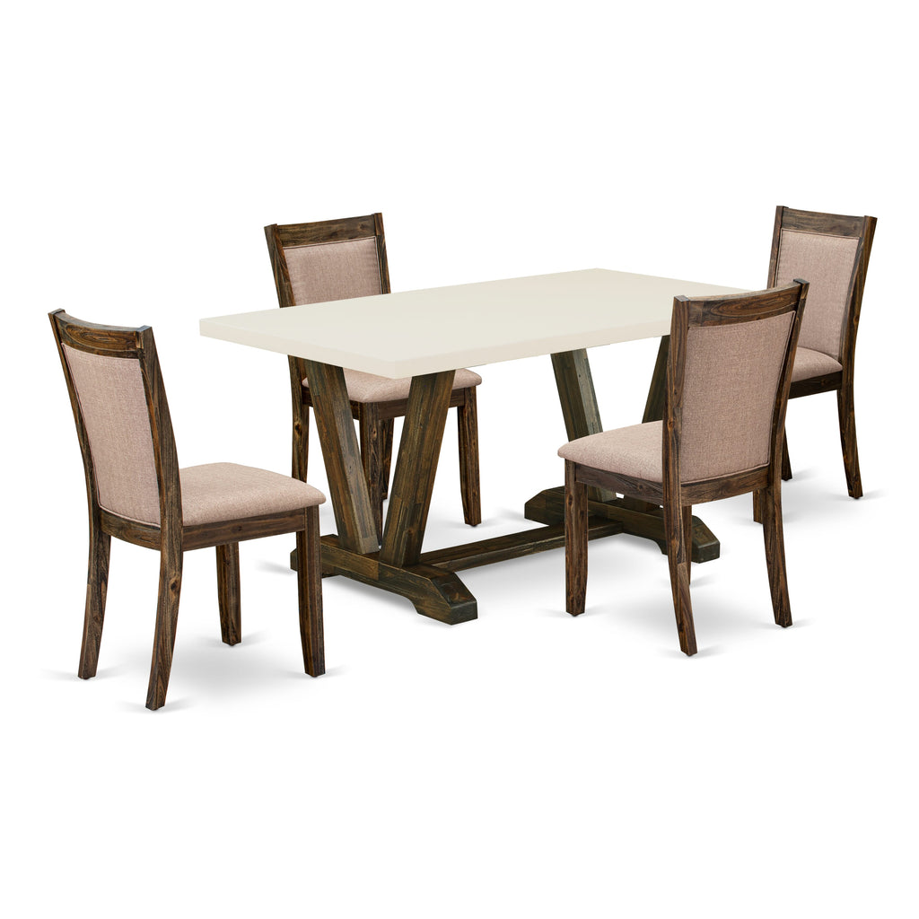 V726MY99X-1 5-Piece Dining Ensemble Chic V-Leg Table with 4 Dark Khaki Fabric Parson Chairs