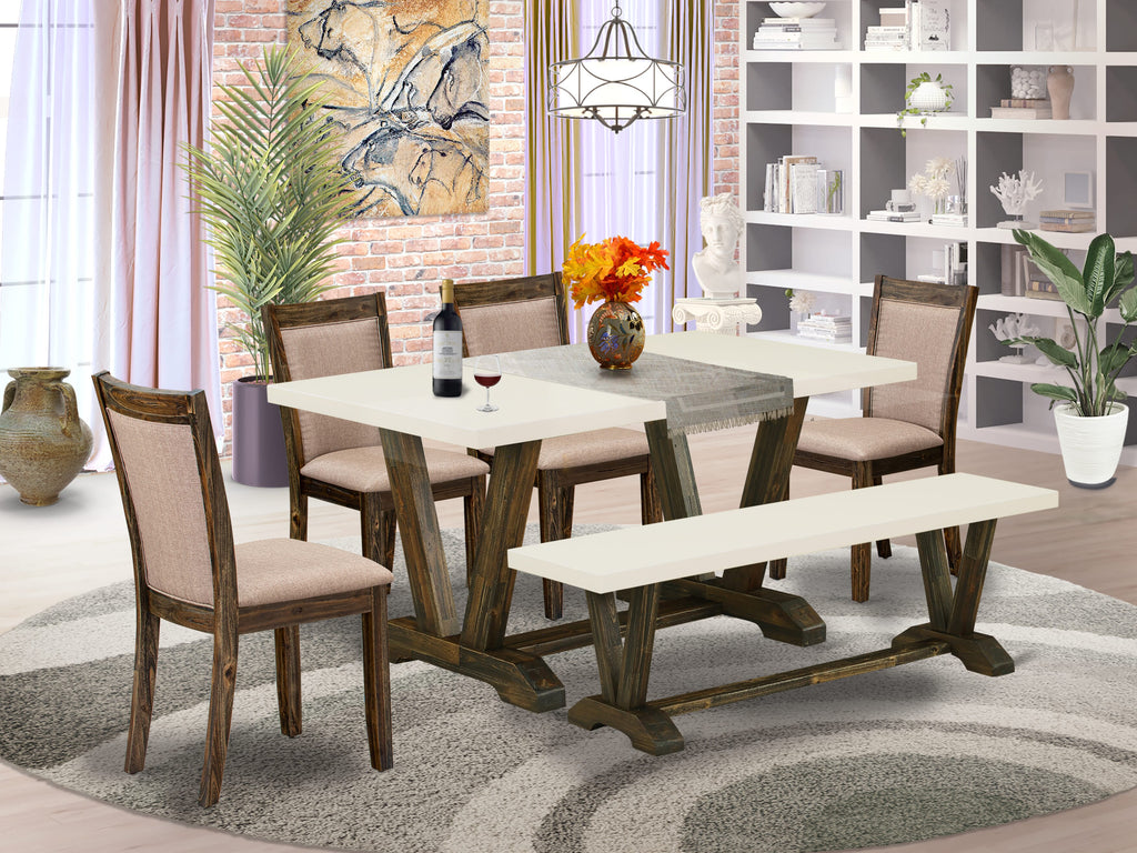 V726MZ3VR-V Dining Ensemble Rectangle Table with V-Legs, 4 Parson Chairs & Bench, Multi-Tone Khaki Elegance