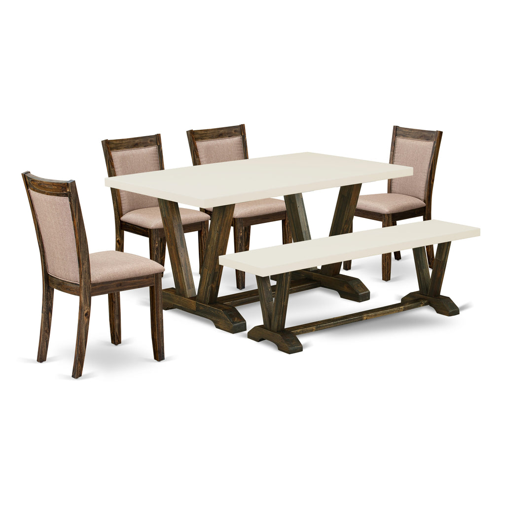 V726MZ3VR-V Dining Ensemble Rectangle Table with V-Legs, 4 Parson Chairs & Bench, Multi-Tone Khaki Elegance