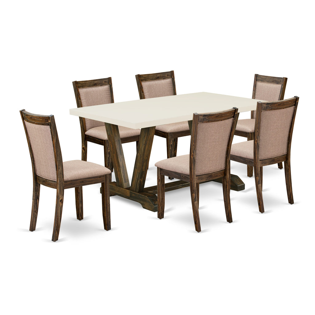 V726M3UNH-N Unique 7-Piece Dining Set with Stylish V-Leg Table and 6 Chic Dark Khaki Chairs