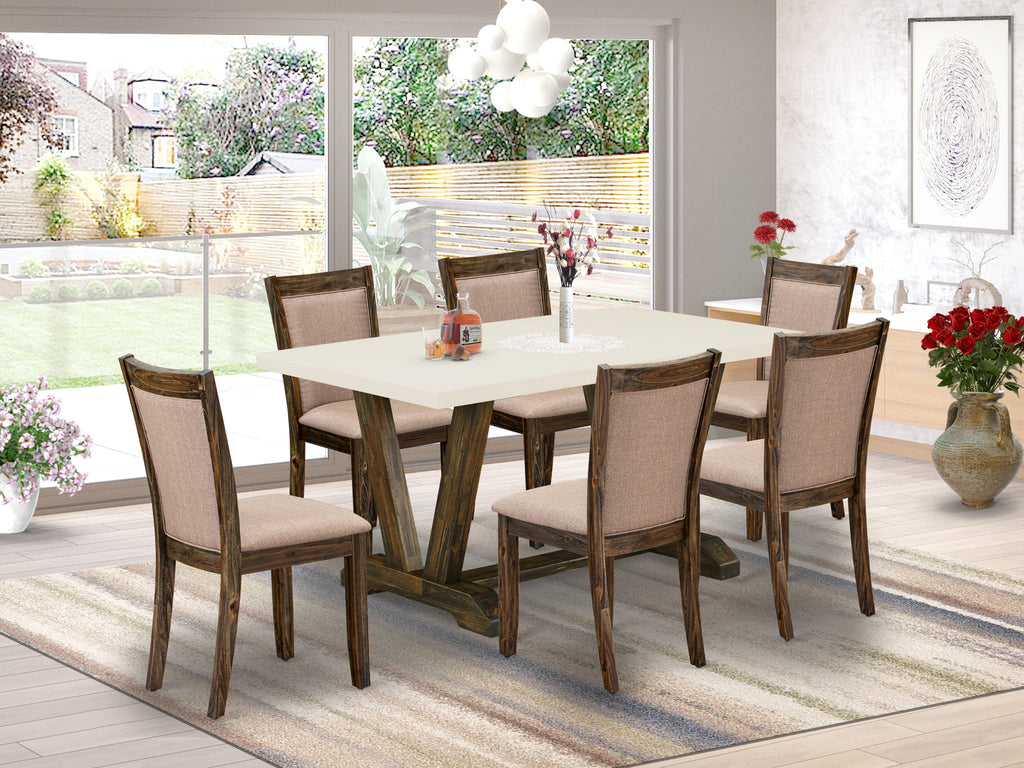 V726M3UNH-N Unique 7-Piece Dining Set with Stylish V-Leg Table and 6 Chic Dark Khaki Chairs