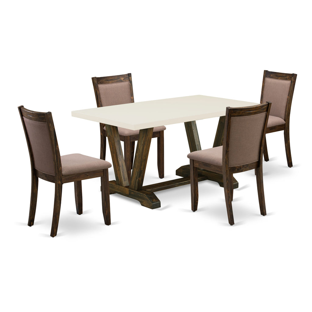 V-Leg Dining Set V726MHSYT-8 5-Piece Rectangle Table and Coffee Fabric Chairs Ensemble