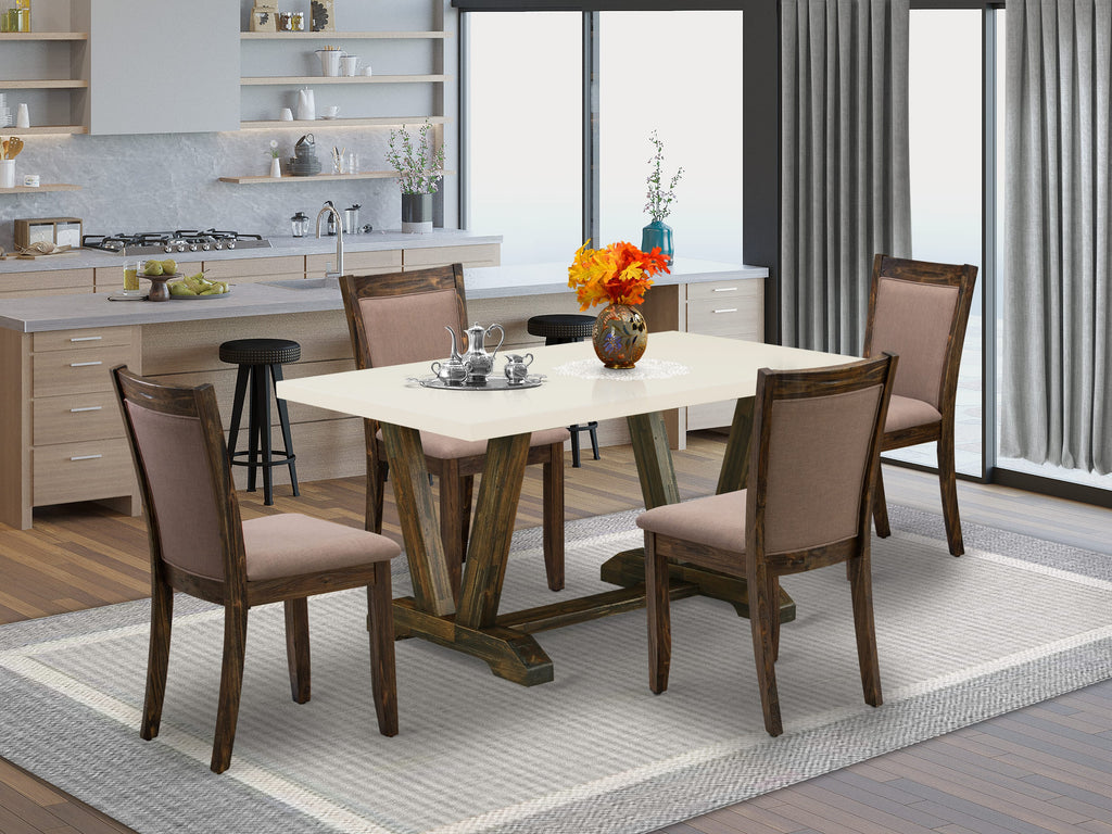 V-Leg Dining Set V726MHSYT-8 5-Piece Rectangle Table and Coffee Fabric Chairs Ensemble