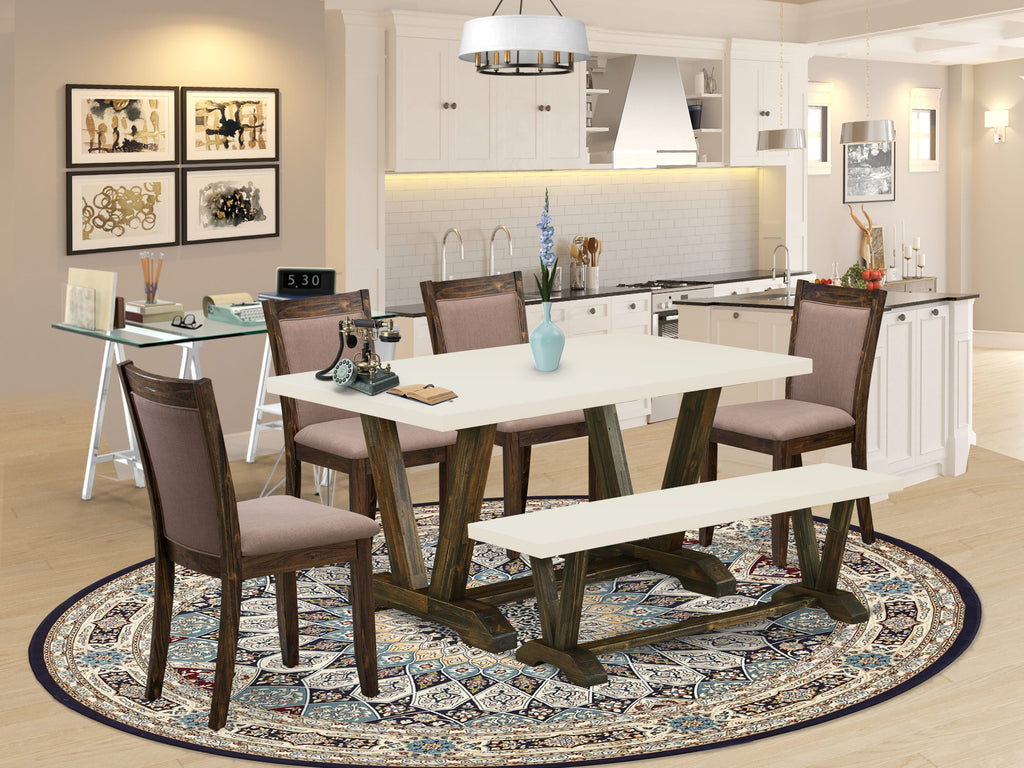 V726M05HF-9 6-Piece Dining Ensemble with V-Leg Rectangle Table and 4 Coffee Linen Parsons Chairs plus a Bench