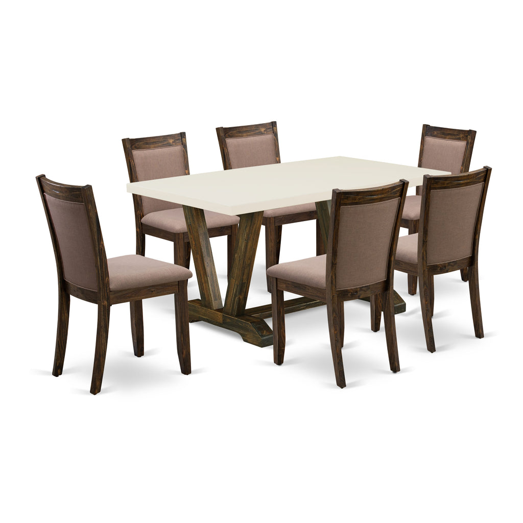 Contemporary Dining Ensemble V726MX4ZR-8 Rectangular Table with V-Legs & 6 Upholstered Linen Chairs