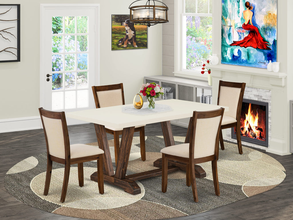 V726MGENH-R 5 Piece Dining Ensemble with V-Leg Rectangular Table and Beige Linen Parson Chairs, 36x60 Inch, Multi-Color