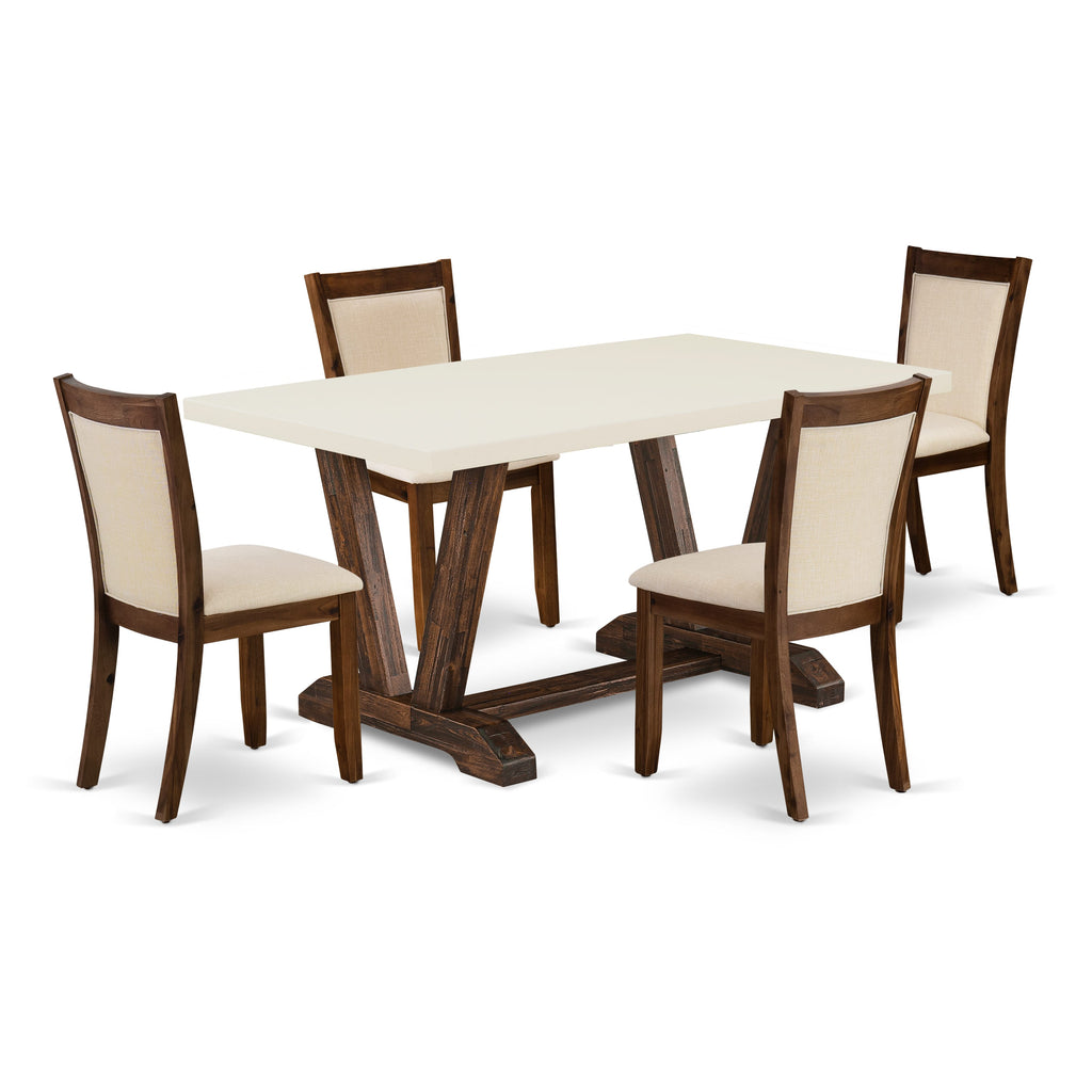 V726MGENH-R 5 Piece Dining Ensemble with V-Leg Rectangular Table and Beige Linen Parson Chairs, 36x60 Inch, Multi-Color
