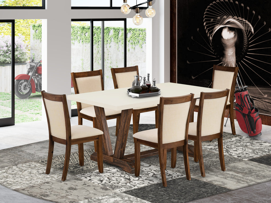V726MTKR2-9 7-Piece Stylish Dining Collection with Rectangle Table & 6 Beige Fabric Chairs, 36x60 Inch