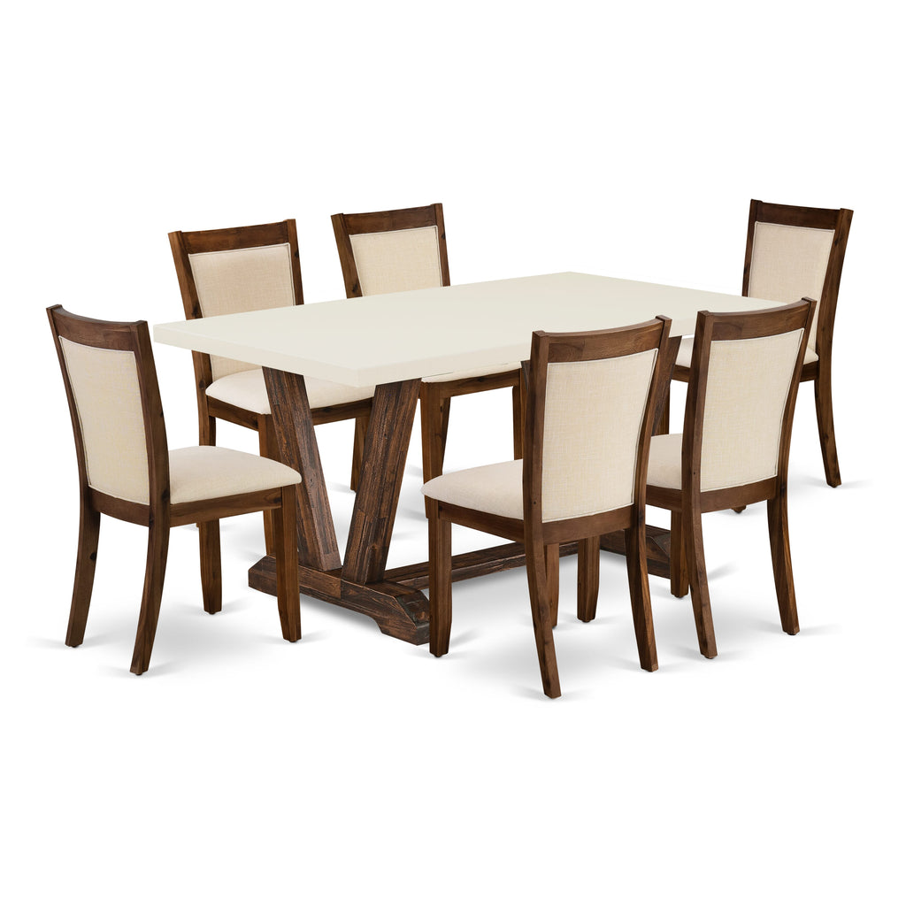 V726MTKR2-9 7-Piece Stylish Dining Collection with Rectangle Table & 6 Beige Fabric Chairs, 36x60 Inch