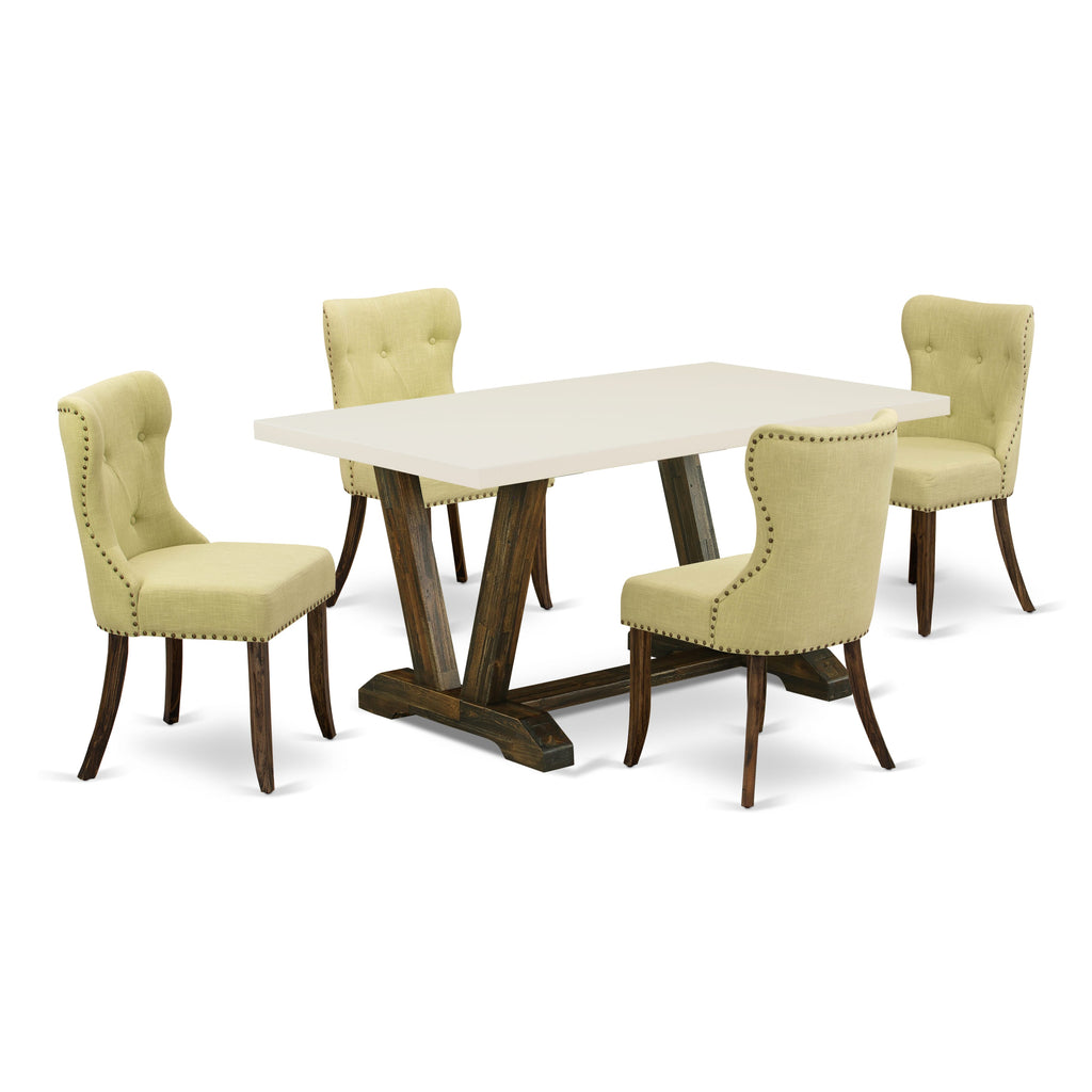V726SCNC7-J 5-Pc Dining Set with Limelight Seats and Button Back in White Jacobean Finish
