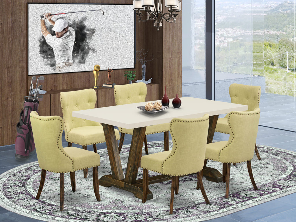 7-Piece Dining Set V726SQ3E6-N with Rectangular Table, V-Legs & 6 Linen Chairs, 36x60 Multi-Color