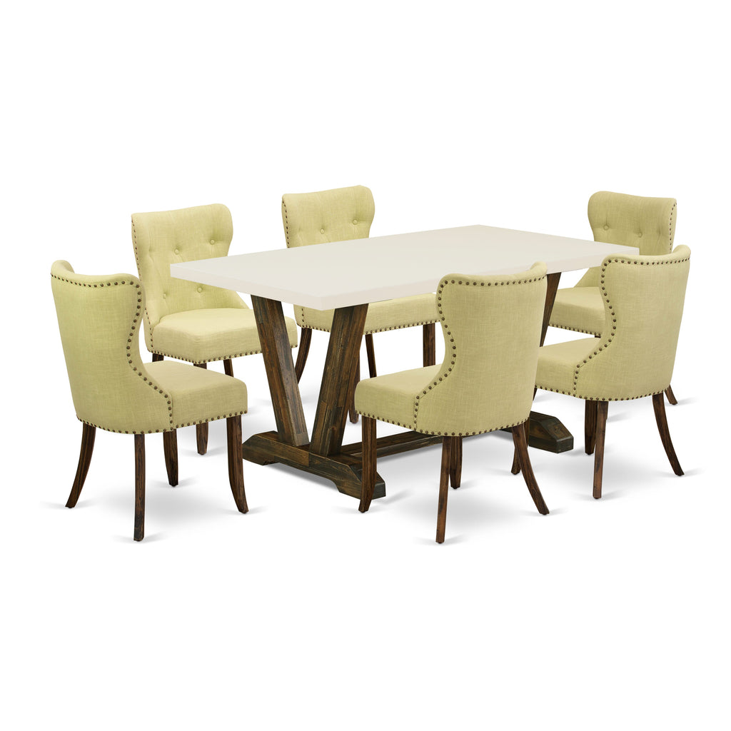 7-Piece Dining Set V726SQ3E6-N with Rectangular Table, V-Legs & 6 Linen Chairs, 36x60 Multi-Color