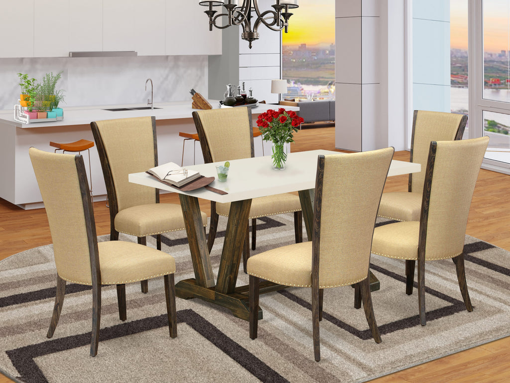 V726V7DMA-O 7-Piece Dining Table Set Includes Rectangle Table with V-Shaped Legs & 6 Brown Linen Parson Chairs, 36x60 Multi-Color