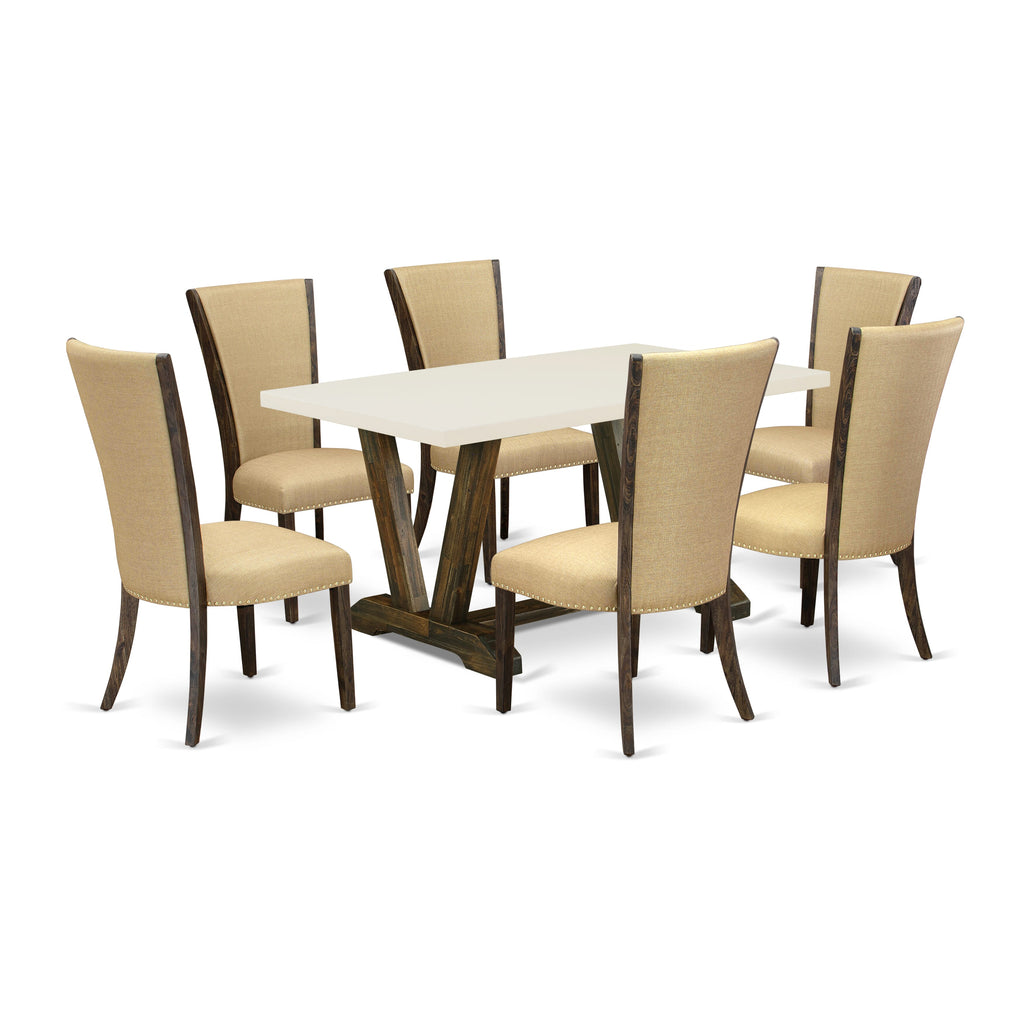 V726V7DMA-O 7-Piece Dining Table Set Includes Rectangle Table with V-Shaped Legs & 6 Brown Linen Parson Chairs, 36x60 Multi-Color