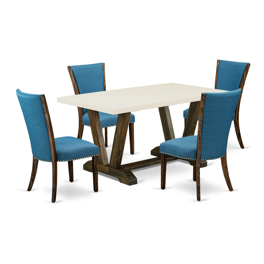 V726VBNT9-O 5 Piece Stylish Dining Ensemble Featuring Rectangular Table with V-Legs and 4 Blue Linen Parson Chairs, 36x60