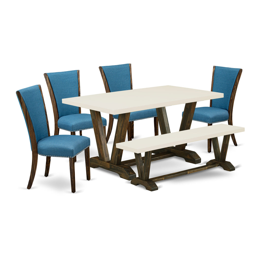 V726V2EDS-C Elegant 6-Piece Dining Ensemble with Unique V-Leg Table, Blue Linen Chairs & Bench, 36x60