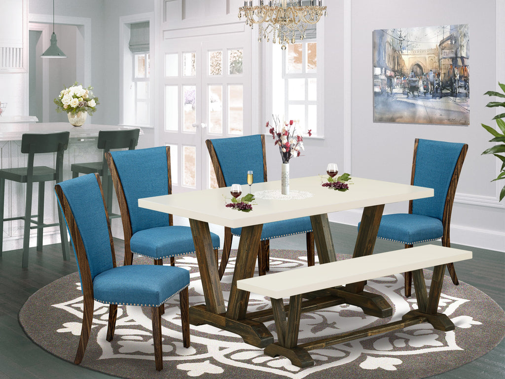 V726V2EDS-C Elegant 6-Piece Dining Ensemble with Unique V-Leg Table, Blue Linen Chairs & Bench, 36x60