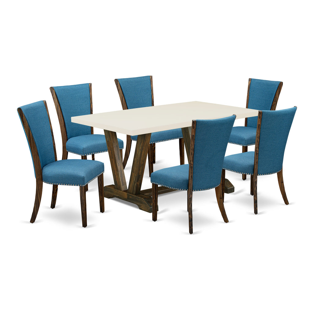V726VWWDU-V 7-Piece Modern Dining Table Ensemble with Rectangular Table & 6 Blue Linen Parsons Chairs, 36x60 Inch, Multi-Color