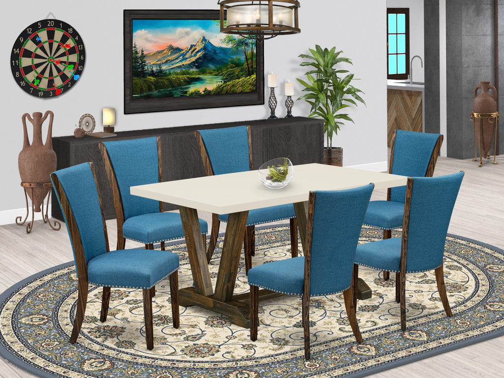 V726VWWDU-V 7-Piece Modern Dining Table Ensemble with Rectangular Table & 6 Blue Linen Parsons Chairs, 36x60 Inch, Multi-Color
