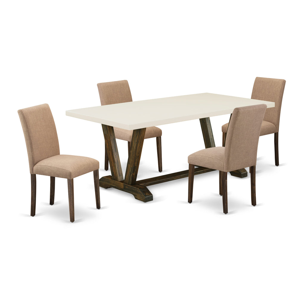 V727AND93-Y 5-Piece Dining Set with V-Leg Rectangular Table & 4 Parsons Chairs in Light Sable Linen Fabric for Kitchen Spaces