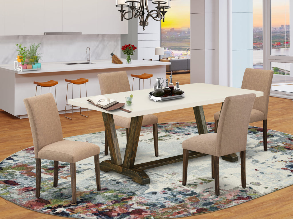 V727AND93-Y 5-Piece Dining Set with V-Leg Rectangular Table & 4 Parsons Chairs in Light Sable Linen Fabric for Kitchen Spaces