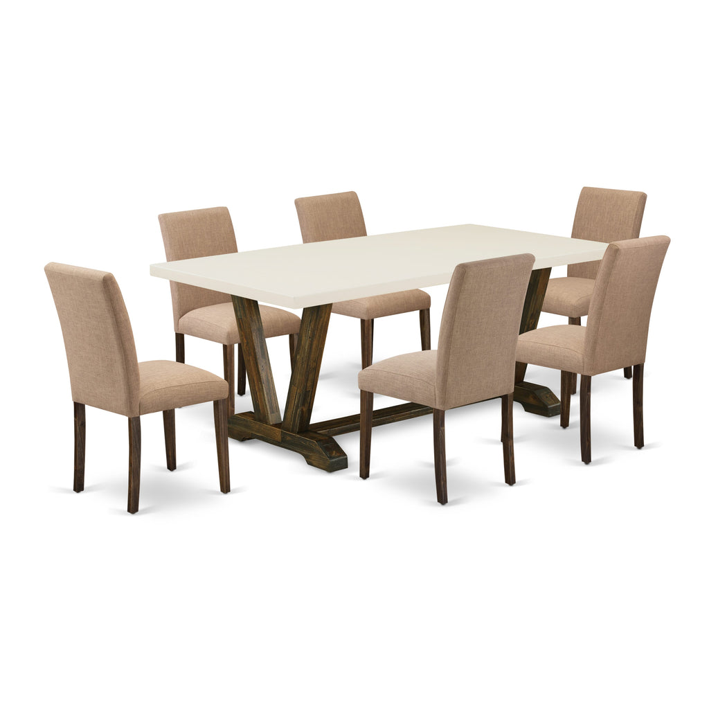 V727ABEYU-4 Deluxe 7-Piece Dining Ensemble with Rectangular V-Leg Table and 6 Sable Fabric Chairs, Multi-Color Elegance