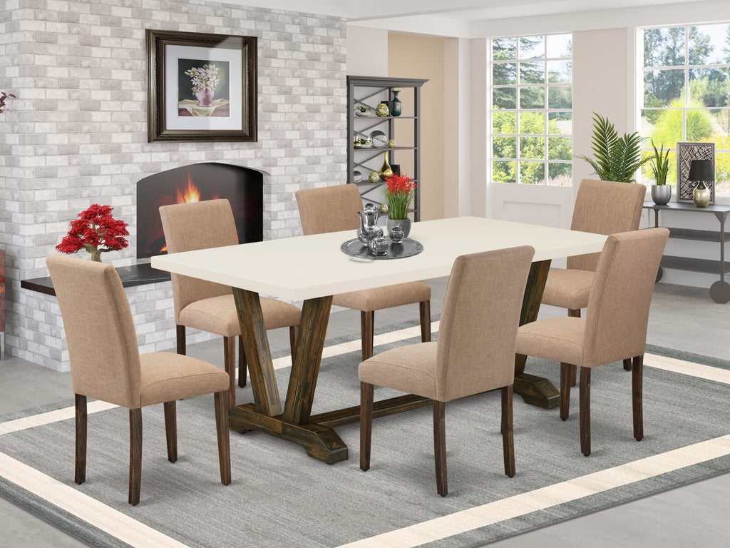 V727ABEYU-4 Deluxe 7-Piece Dining Ensemble with Rectangular V-Leg Table and 6 Sable Fabric Chairs, Multi-Color Elegance