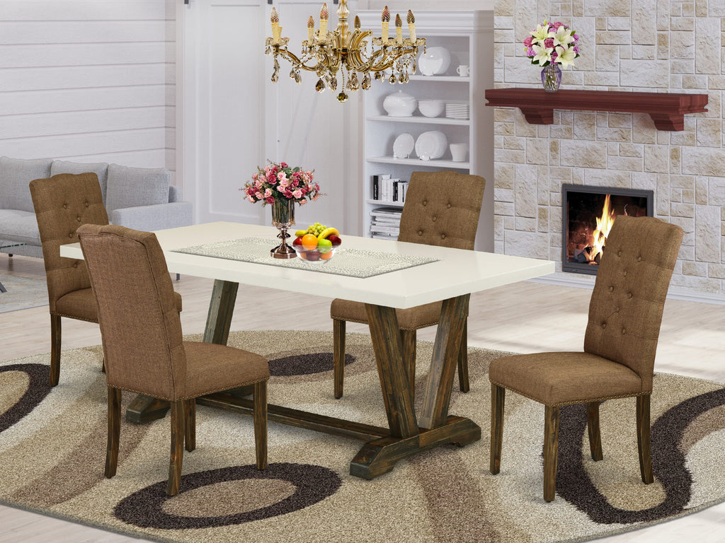 V727EZLB3-9 Dining Ensemble Rectangle Table with V-Legs and 4 Brown Linen Upholstered Chairs, 40x72 Multi-Shade