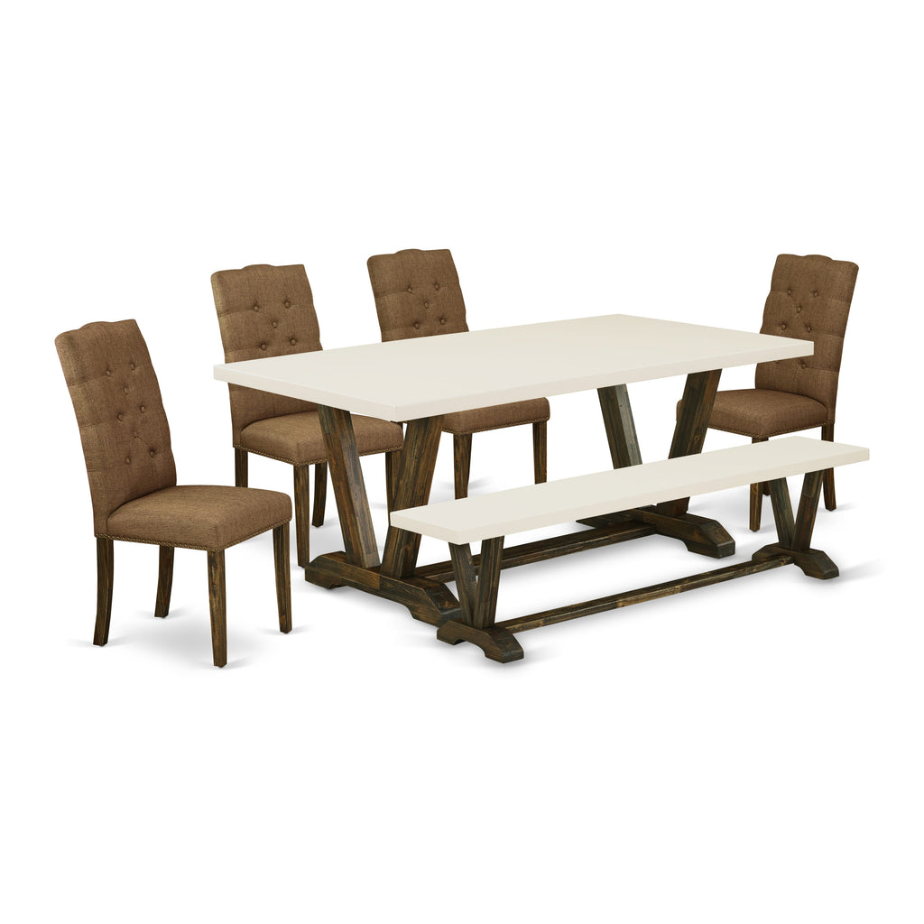 V727EZ45Q-2 6 Piece Dining Set with V-Leg Table, Brown Parson Chairs, and Bench - 40x72 Multi-Tone Design