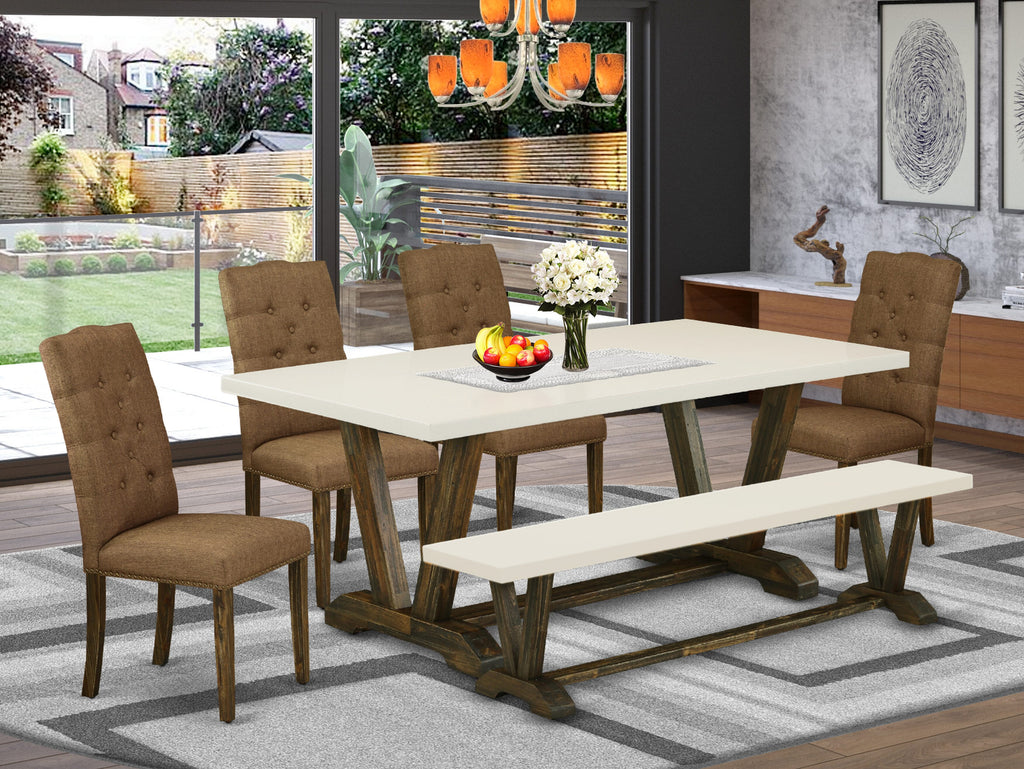 V727EZ45Q-2 6 Piece Dining Set with V-Leg Table, Brown Parson Chairs, and Bench - 40x72 Multi-Tone Design