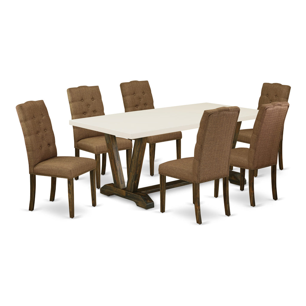 V727EQ1S3-U 7-Piece Dining Collection with V-Leg Table & Brown Fabric Chairs, 40x72 Multi-Color Setup
