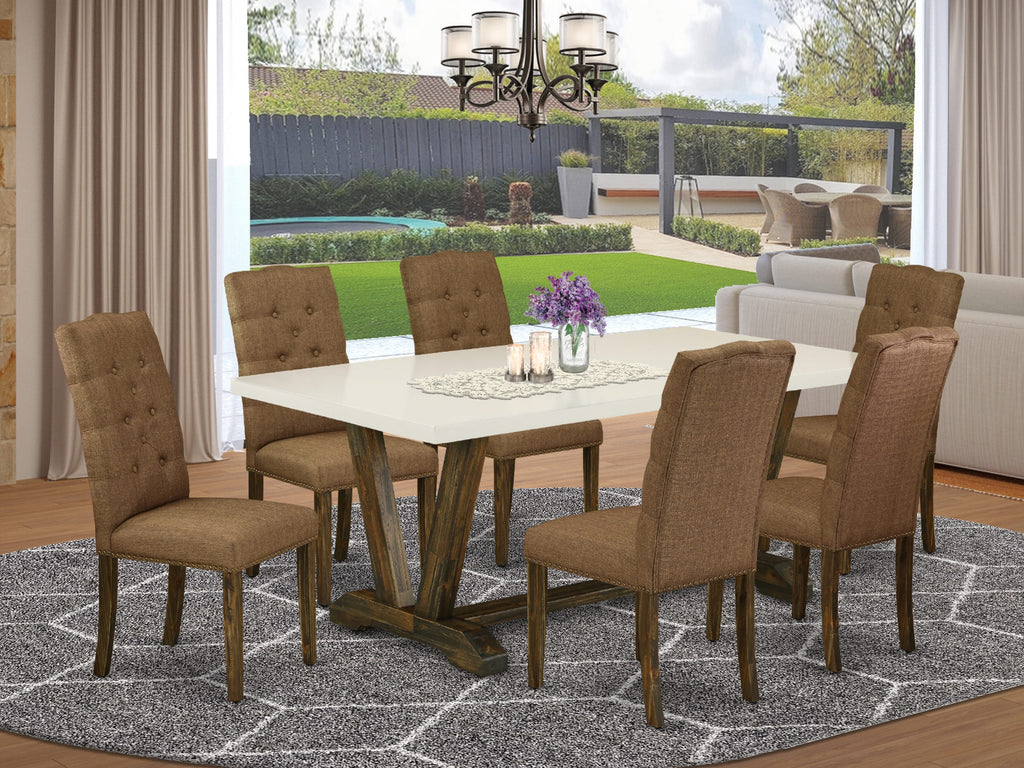 V727EQ1S3-U 7-Piece Dining Collection with V-Leg Table & Brown Fabric Chairs, 40x72 Multi-Color Setup