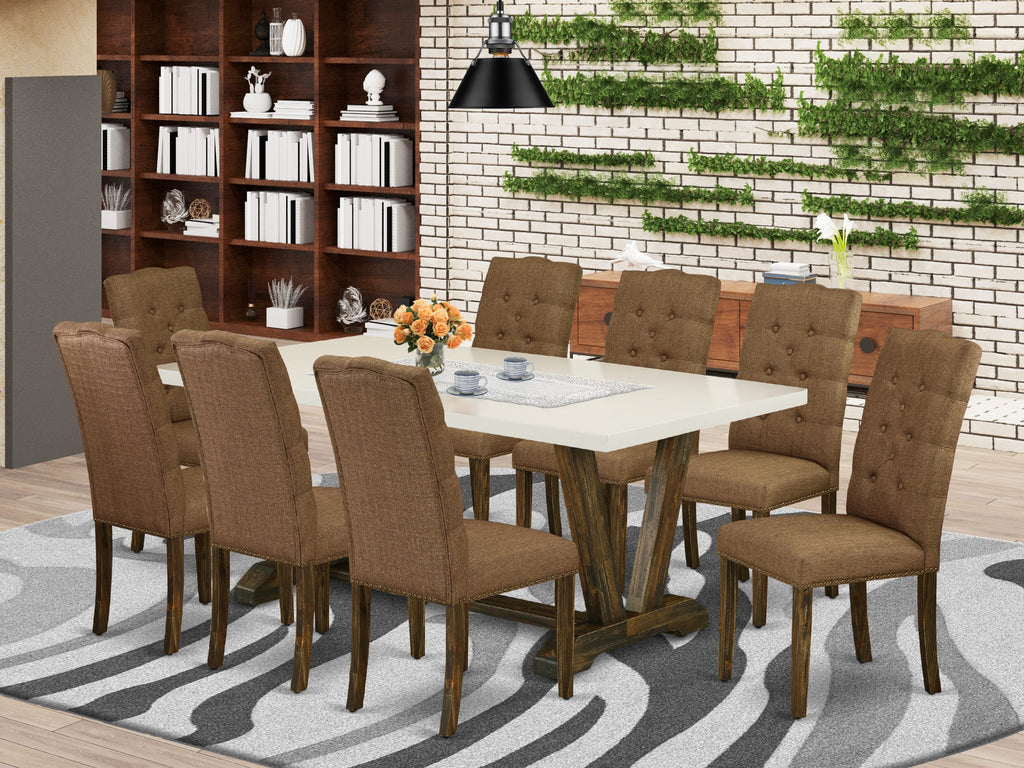 V727EY86K-S 9-Piece Dining Ensemble, Featuring V-Leg Table with 8 Elegant Brown Parson Chairs, 40x72 In.
